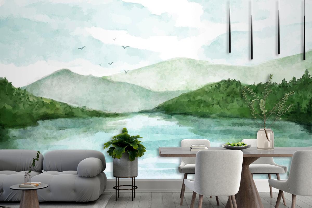 Watercolor Lake Scenery Wallpaper Mural