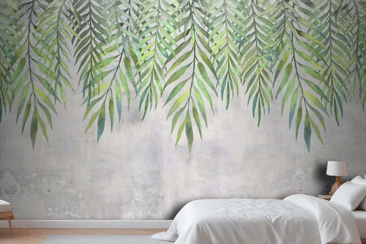 Watercolor Leaves Hanging From Above Wallpaper Mural