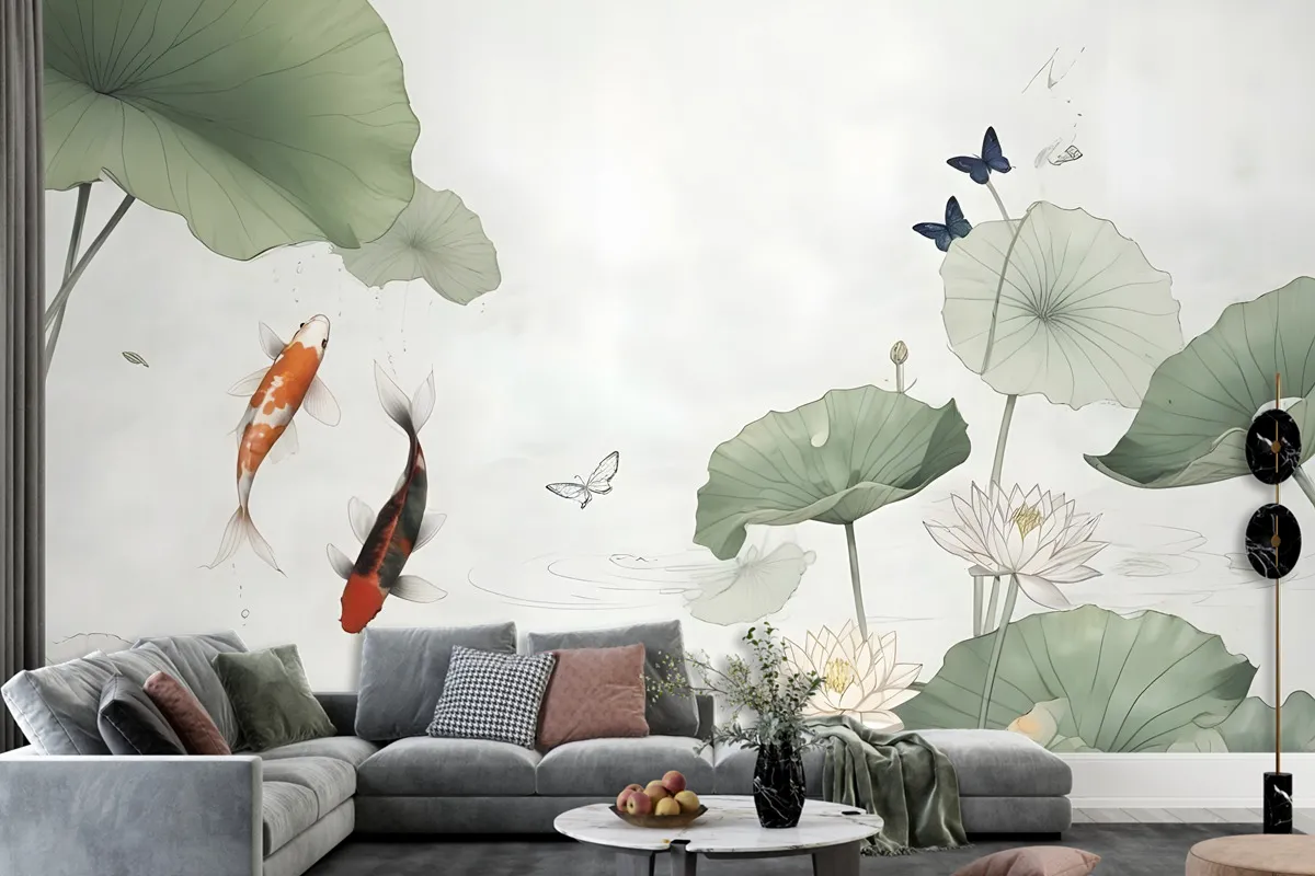 Watercolor Lotus Flower And Butterflies Wallpaper Mural