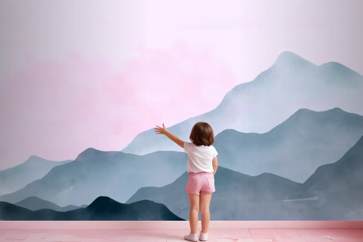 Watercolor Mountains Background With Pink Sky Wallpaper Mural