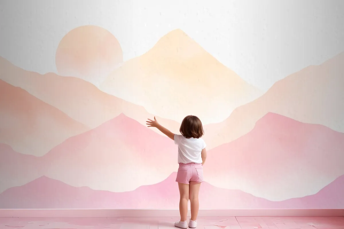 Watercolor Mountains Pink Background Wallpaper Mural