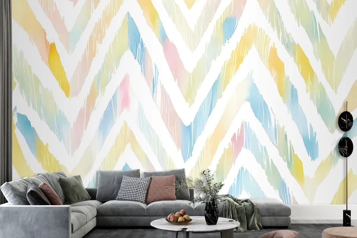 Watercolor Multicolor Chevron Ikat Design Art Wallpaper Mural