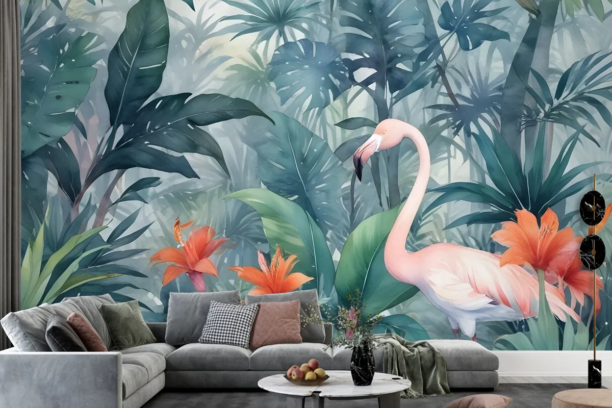 Watercolor Painting Forest And Storks Wallpaper Mural