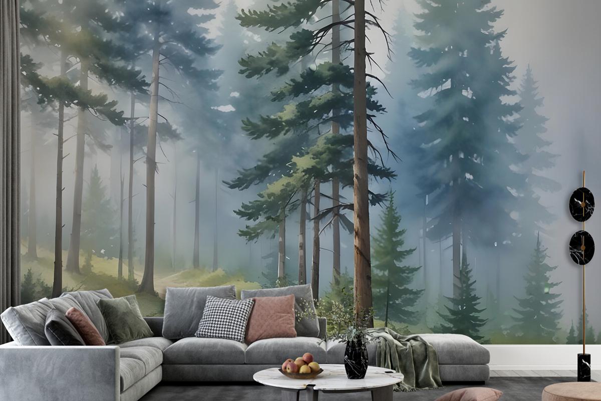 Watercolor Painting Misty Forestscape Wallpaper Mural