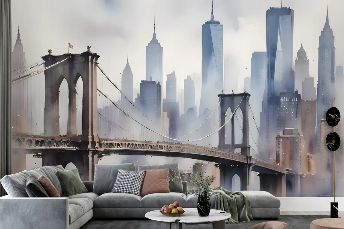 Watercolor Painting New York City Landscape Wallpaper Mural