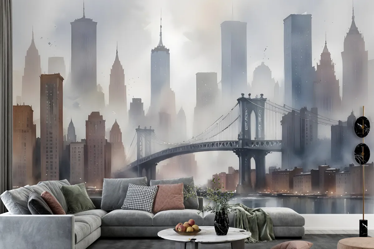 Watercolor Painting New York City Landscape Wallpaper Mural