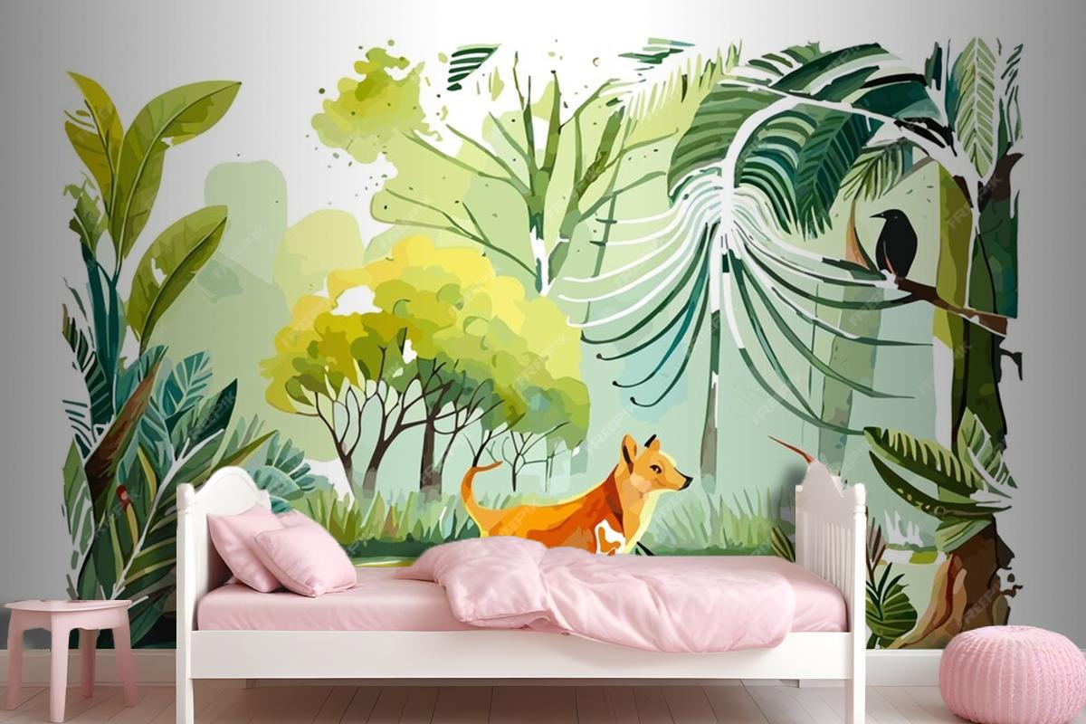 Watercolor Painting Of A Dog And A Bird In A Jungle Wallpaper Mural