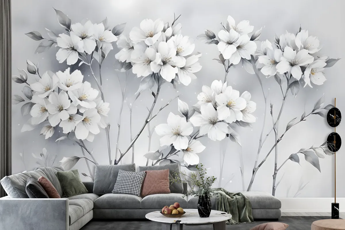 Watercolor Painting White Flowers Wallpaper Mural