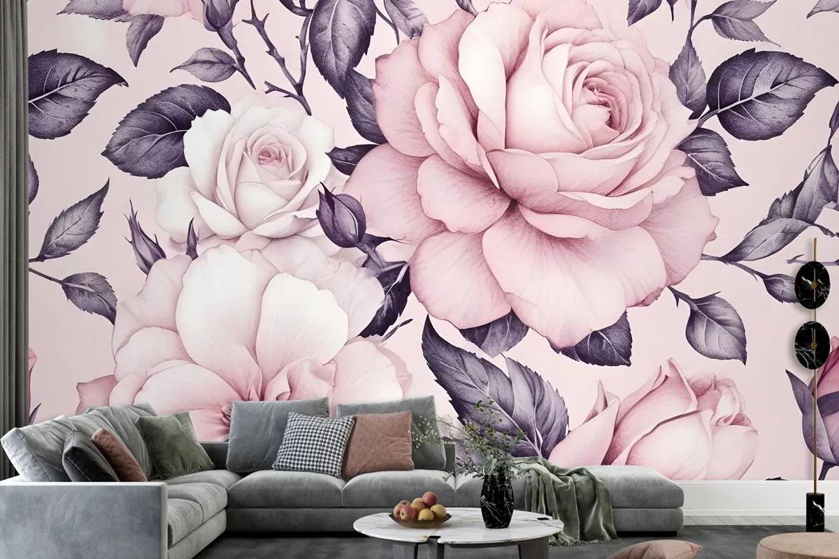 Watercolor Pink Floral Pattern Wallpaper Mural