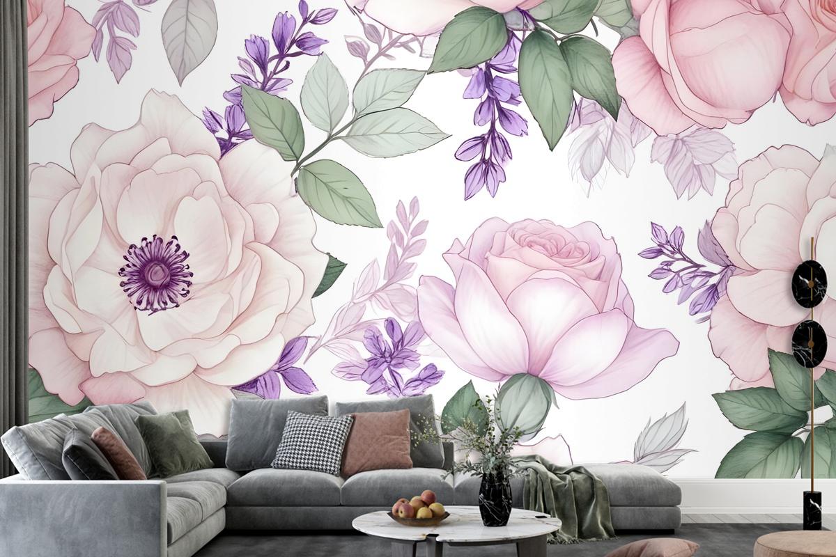 Watercolor Pink Floral Pattern With Wisteria Wallpaper Mural