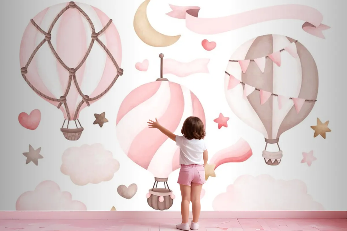 Watercolor Pink Hot Air Balloon Wallpaper Mural