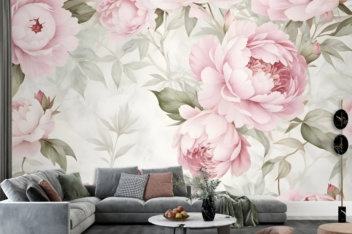 Watercolor Pink Peony Floral Blossom Wallpaper Mural