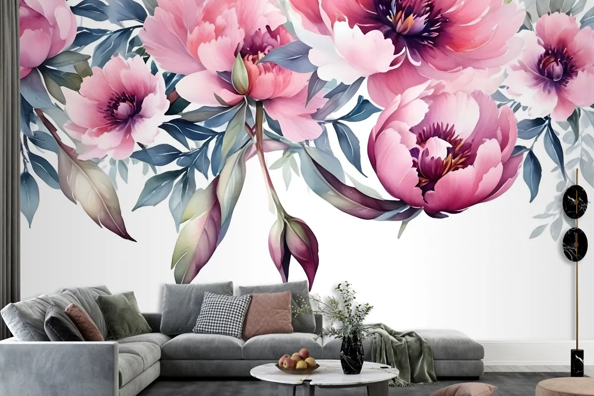 Watercolor Pink Peony Flower Wallpaper Mural