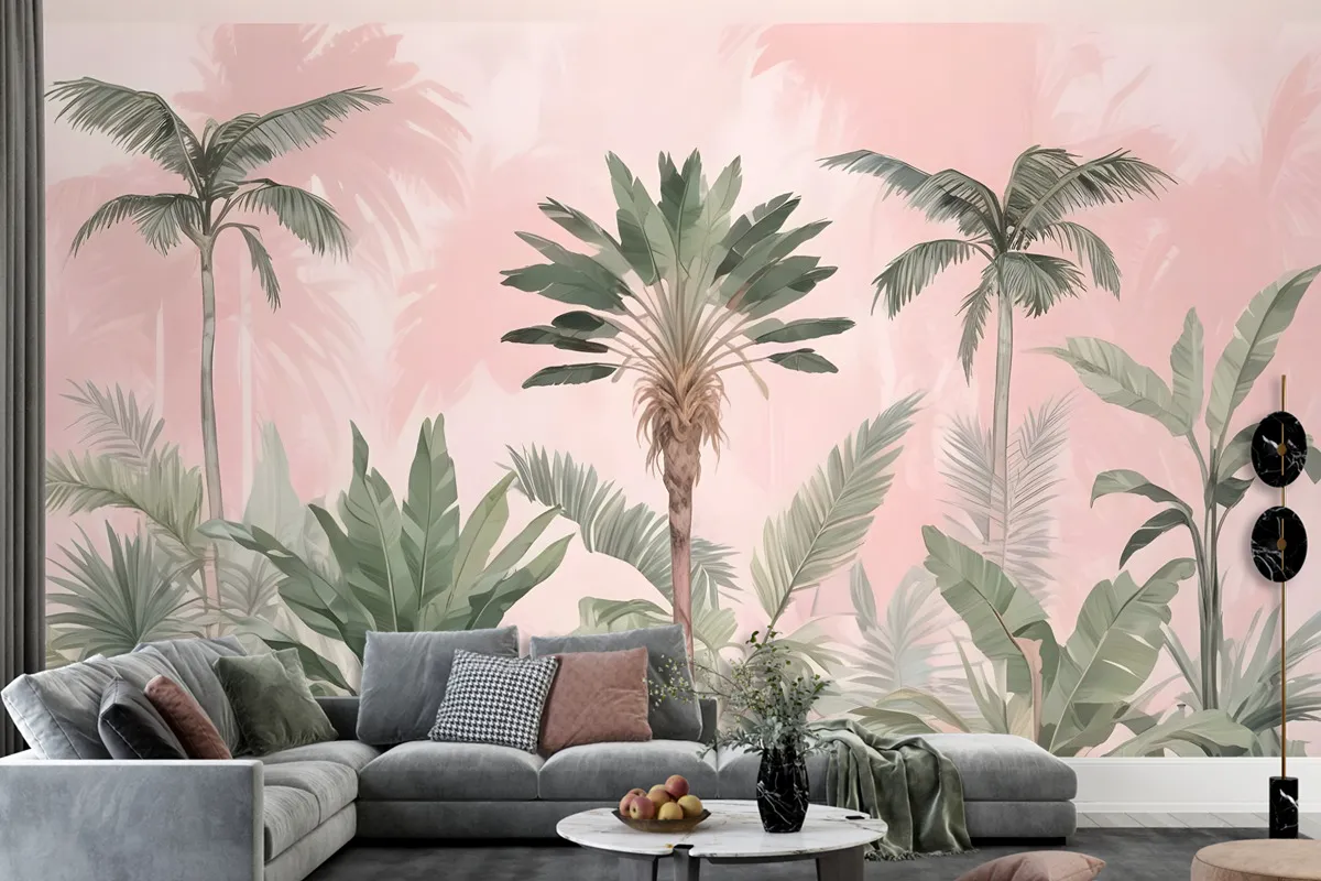 Watercolor Pink Tropical Chinoiserie Wallpaper Mural