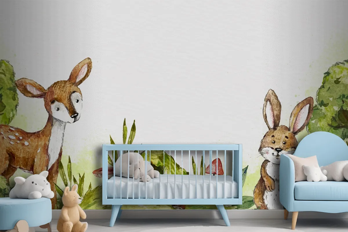 Watercolor Rabbit And Deer In Forest Wallpaper Mural