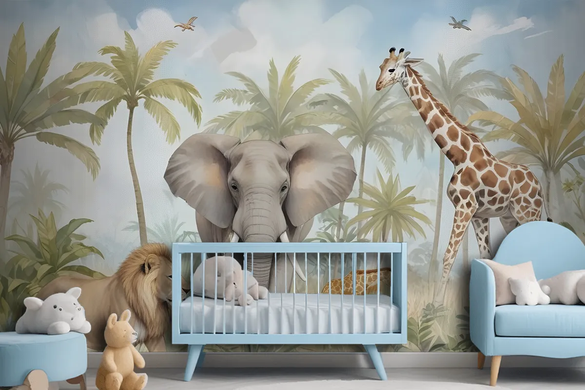 Watercolor Safari Animals In Forest Wallpaper Mural