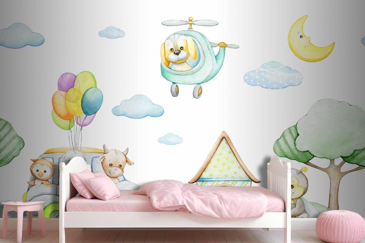 Watercolor Seamless Pattern In Cartoon Style Tropical Animals Car Helicopter Moon Wallpaper Mural