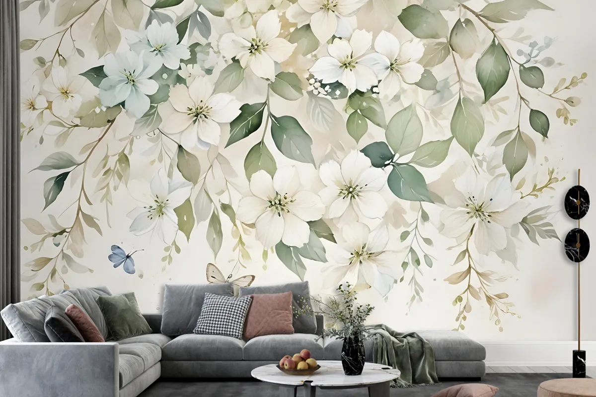 Watercolor Soft Floral With Green Leaves Wall Mural