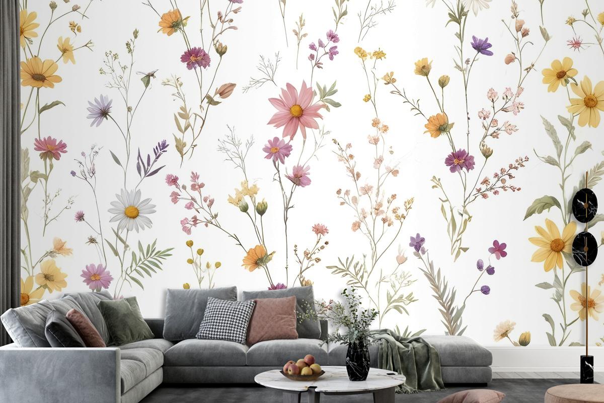 Watercolor Soft Wild Flowers Wallpaper Mural