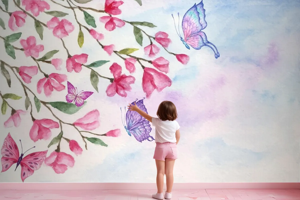 Watercolor Spring Landscape Background With Lovely Butterflies Wallpaper Mural