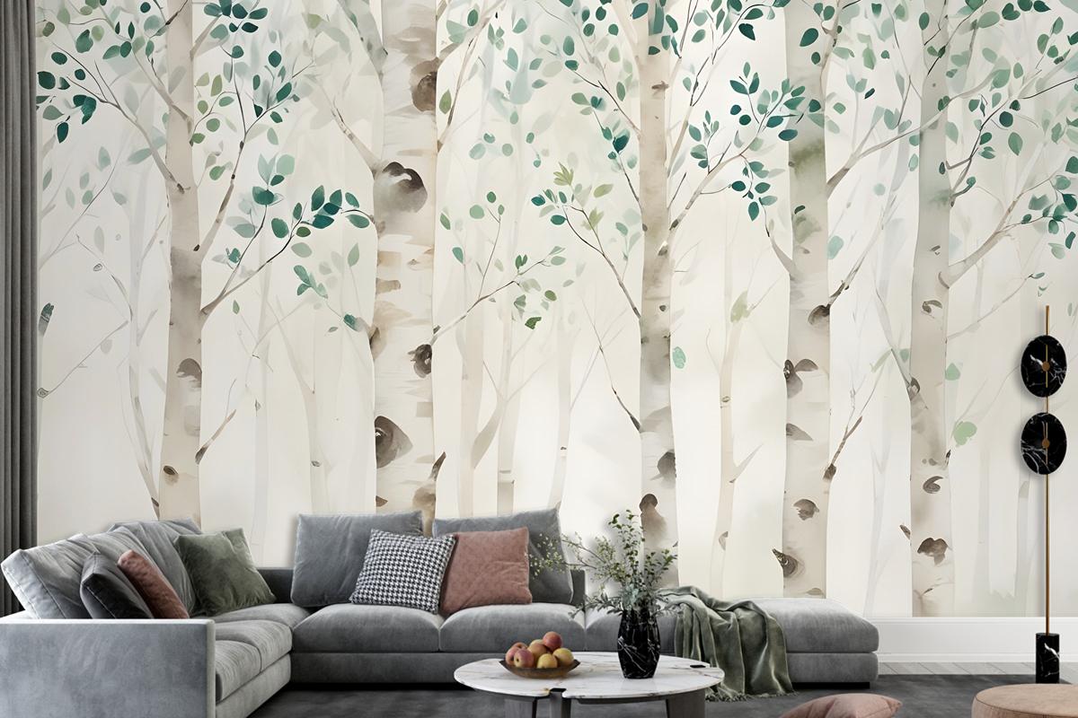 Watercolor Style Forest With Green Brown Little Leaves Wallpaper Mural