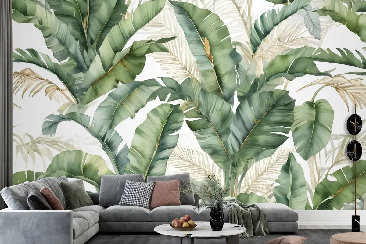 Watercolor Tropical Banana Leaf With Faux Gold Details Wallpaper Mural