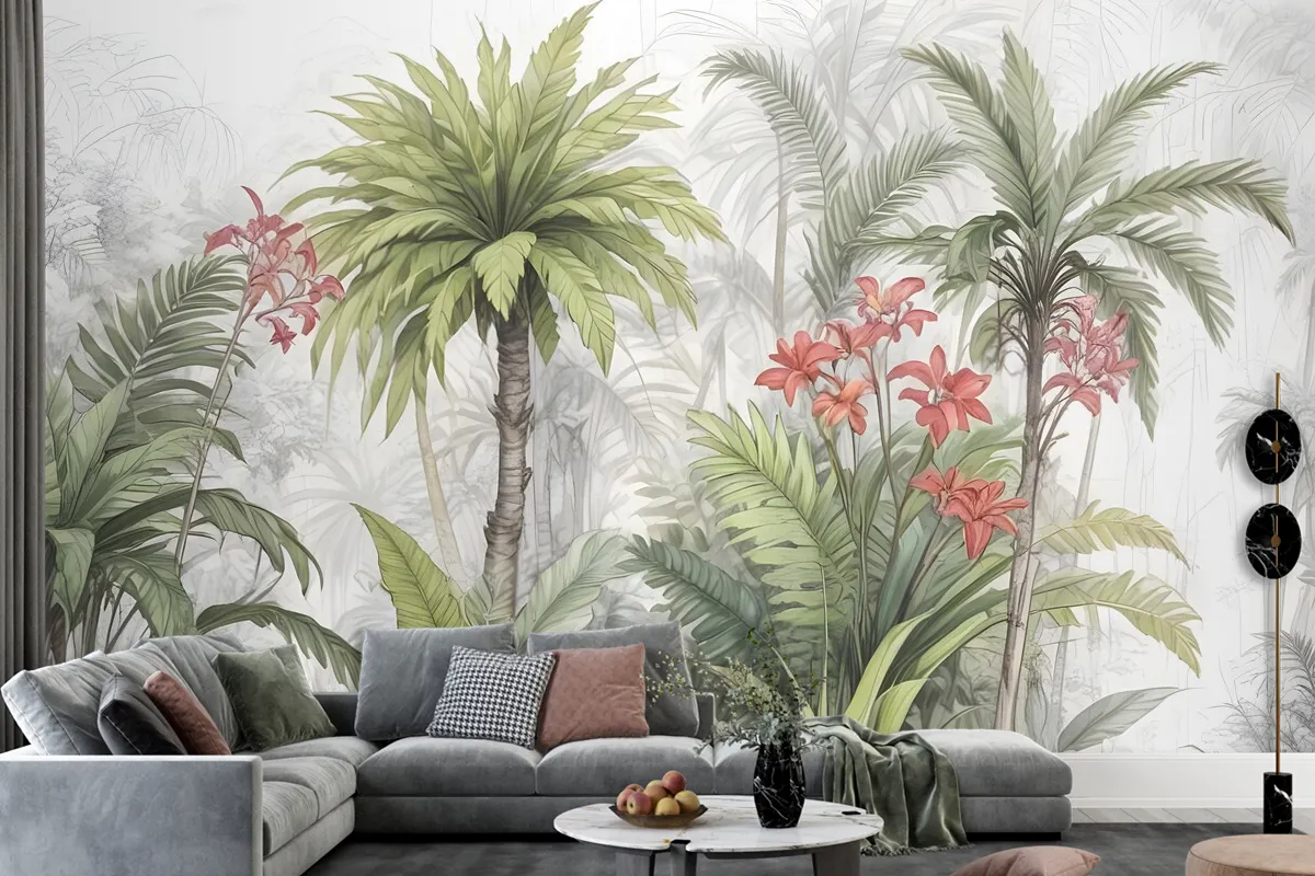 Watercolor Tropical Leaf And Flowers Wallpaper Mural