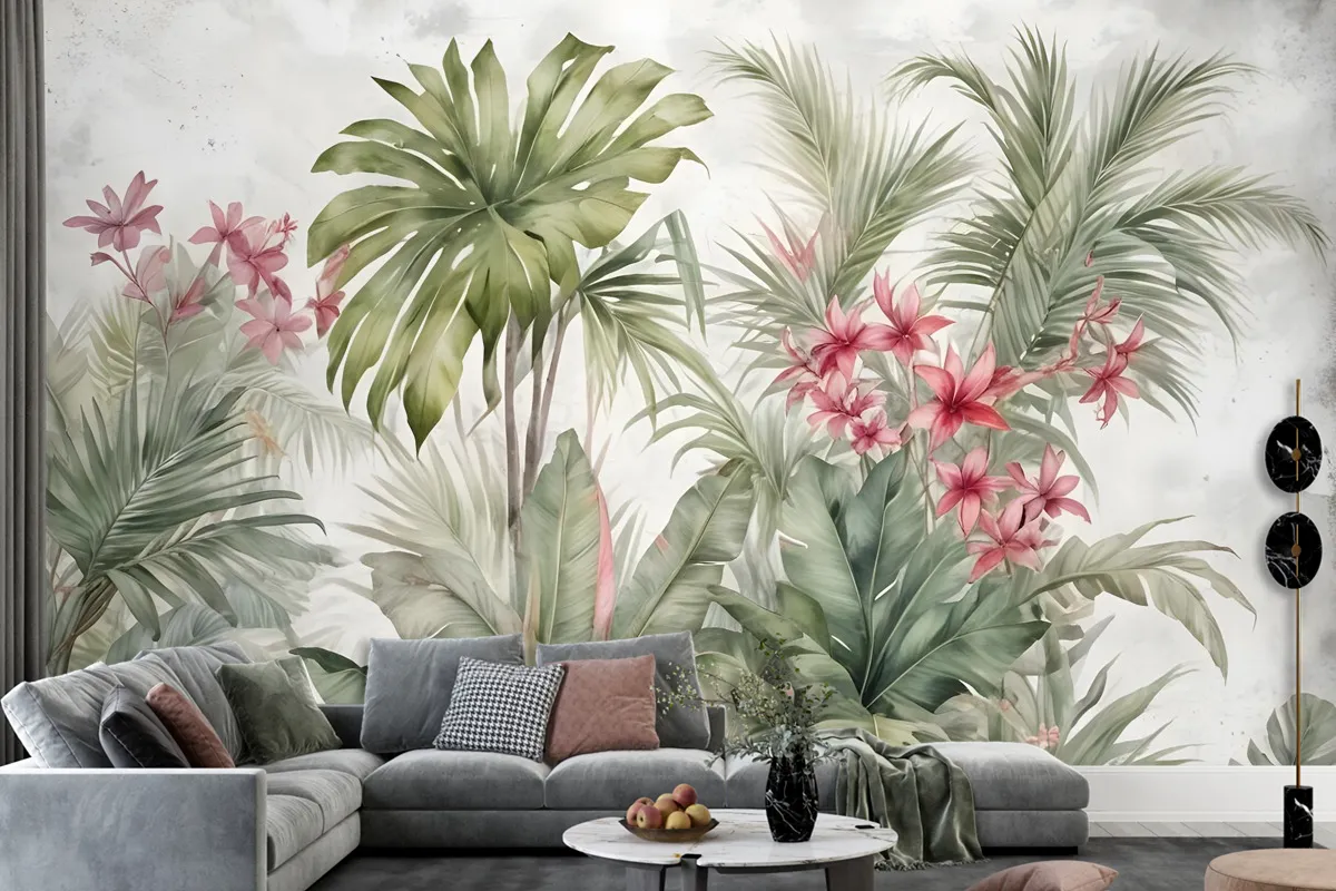 Watercolor Tropical Leaf And Flowers Wallpaper Mural