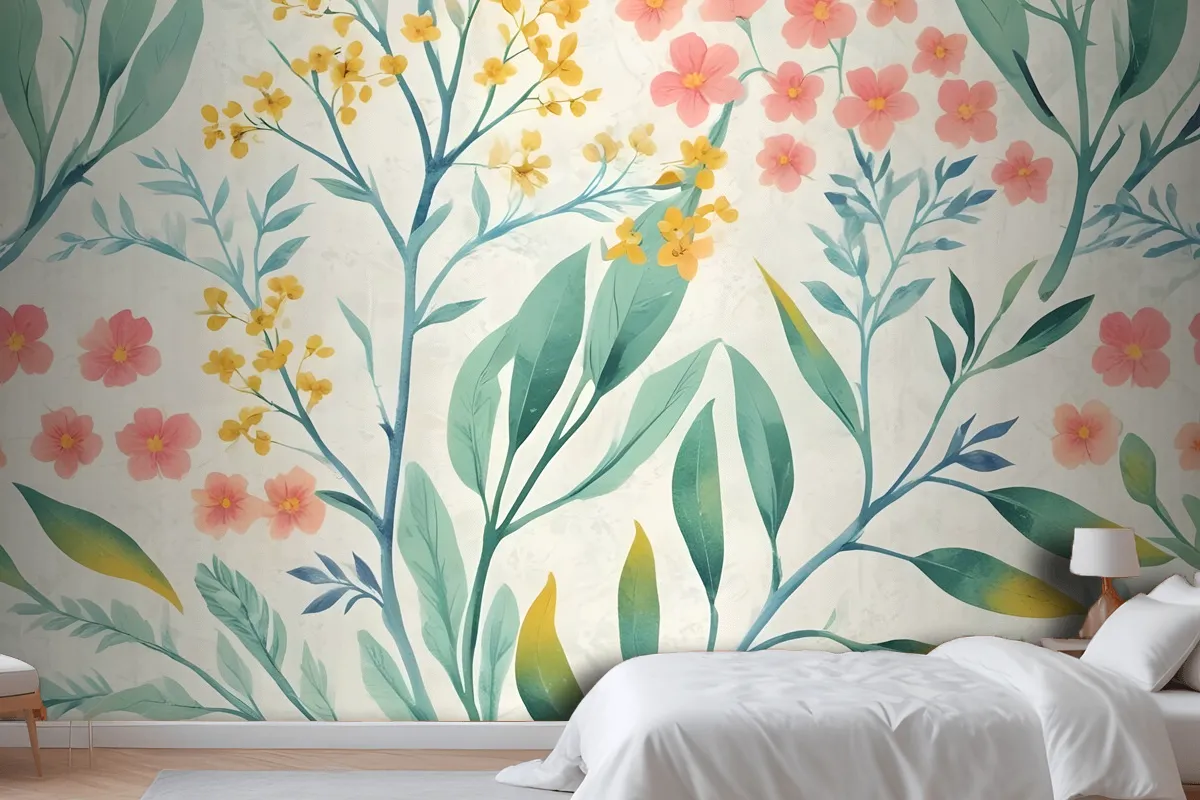 Watercolor Vintage Florals With Botanical Leaves Wallpaper Mural