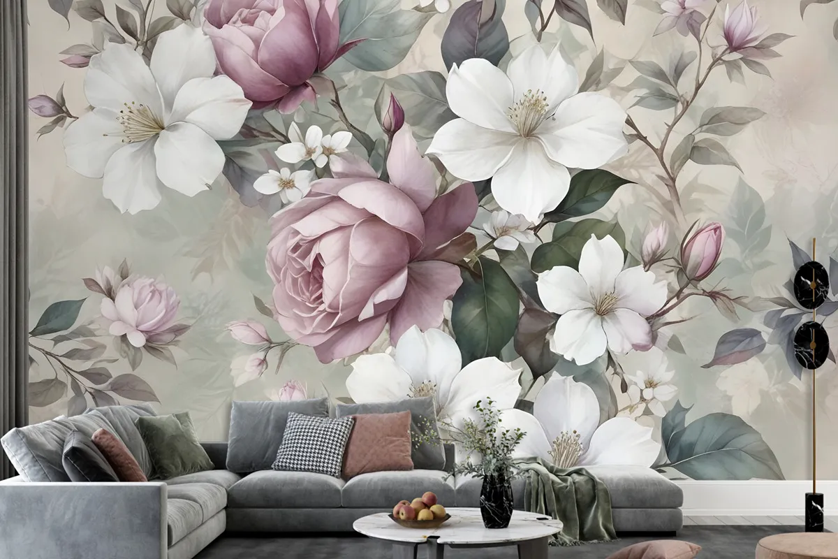 Watercolor Vintage Flower Wallpaper Mural