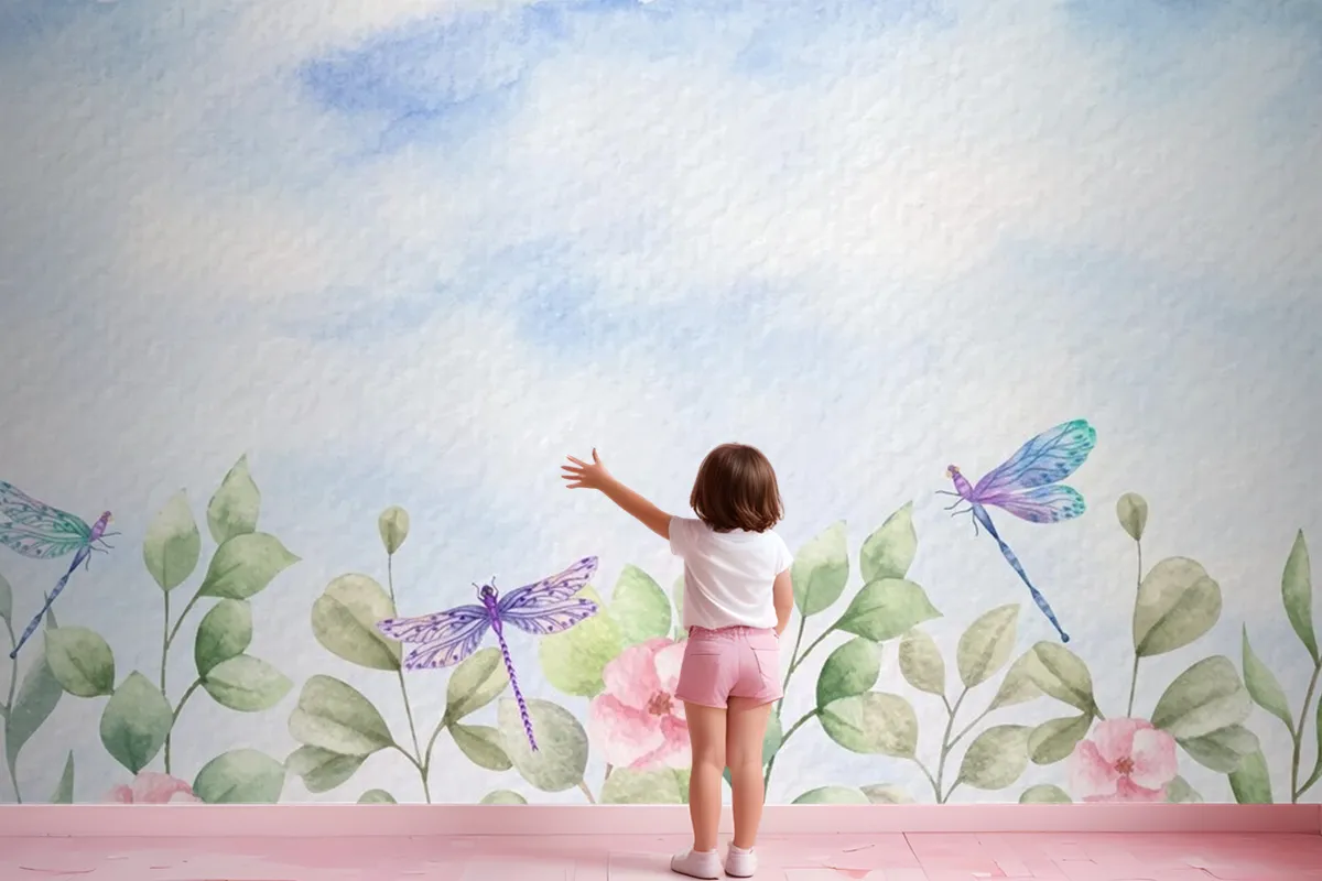 Watercolor Wild Leaves Landscape Background With Dragonflies Wallpaper Mural