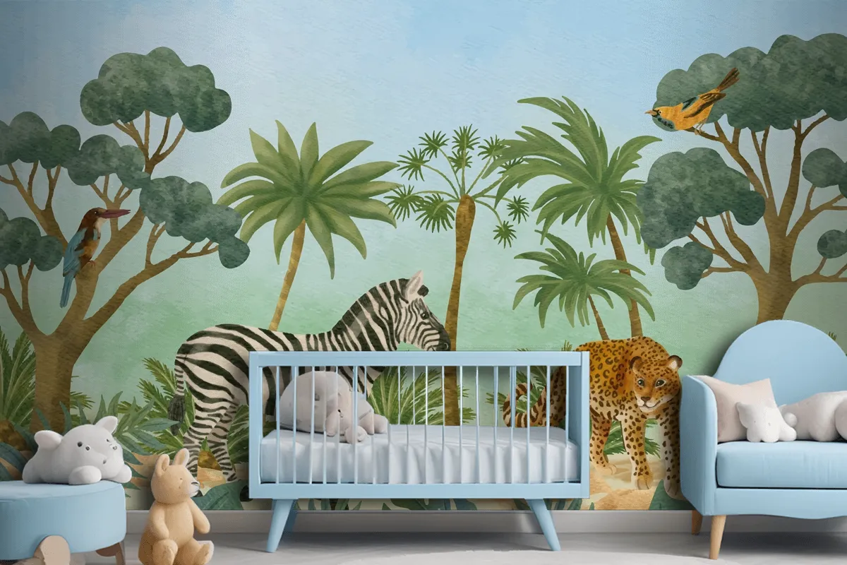 Watercolor Wildlife Background Kids Boy Wallpaper Mural