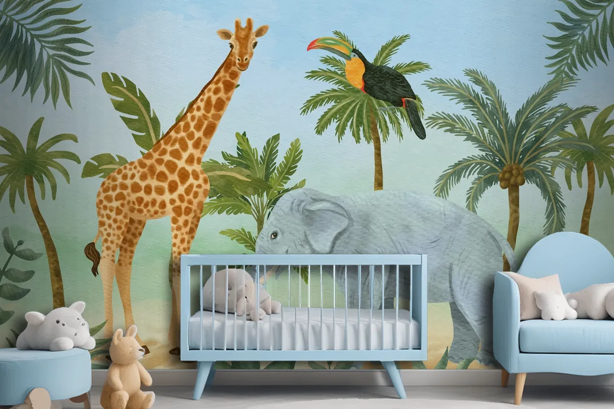 Watercolor Wildlife Background Kids Boys Wallpaper Mural