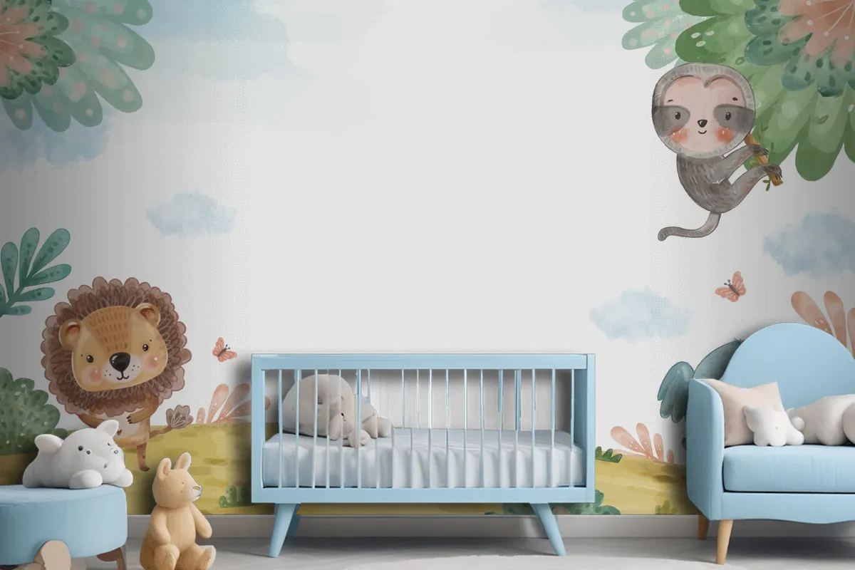 Watercolor Wildlife Background Kids Wallpaper Mural