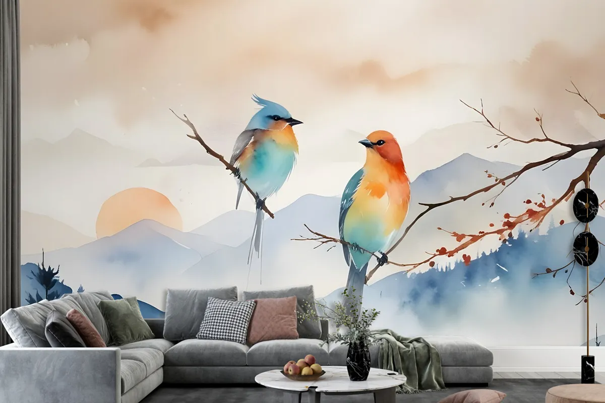 Watercolor Winter Landscape And Colorful Bird Wallpaper Mural