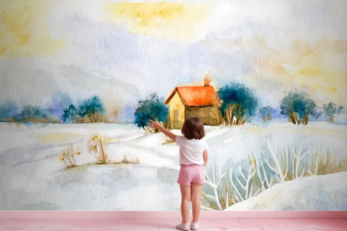 Watercolor Winter Landscape Girl Wallpaper Mural