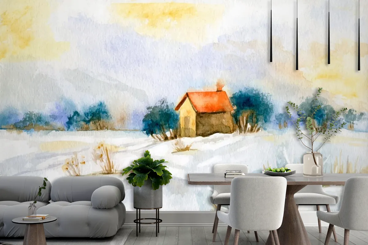 Watercolor Winter Landscape Wallpaper Mural