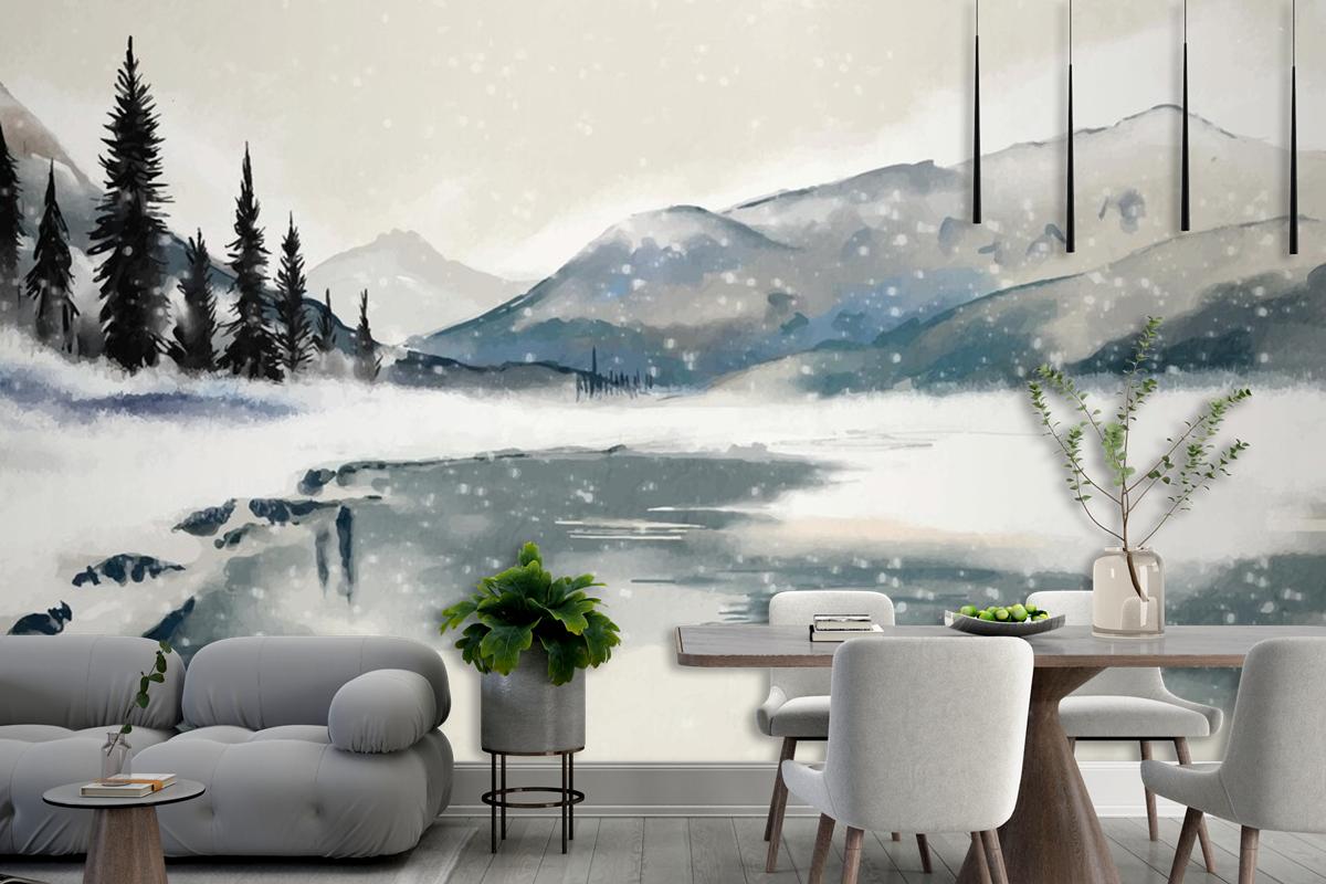 Watercolor Winter Landscape Dining Room Wallpaper Mural