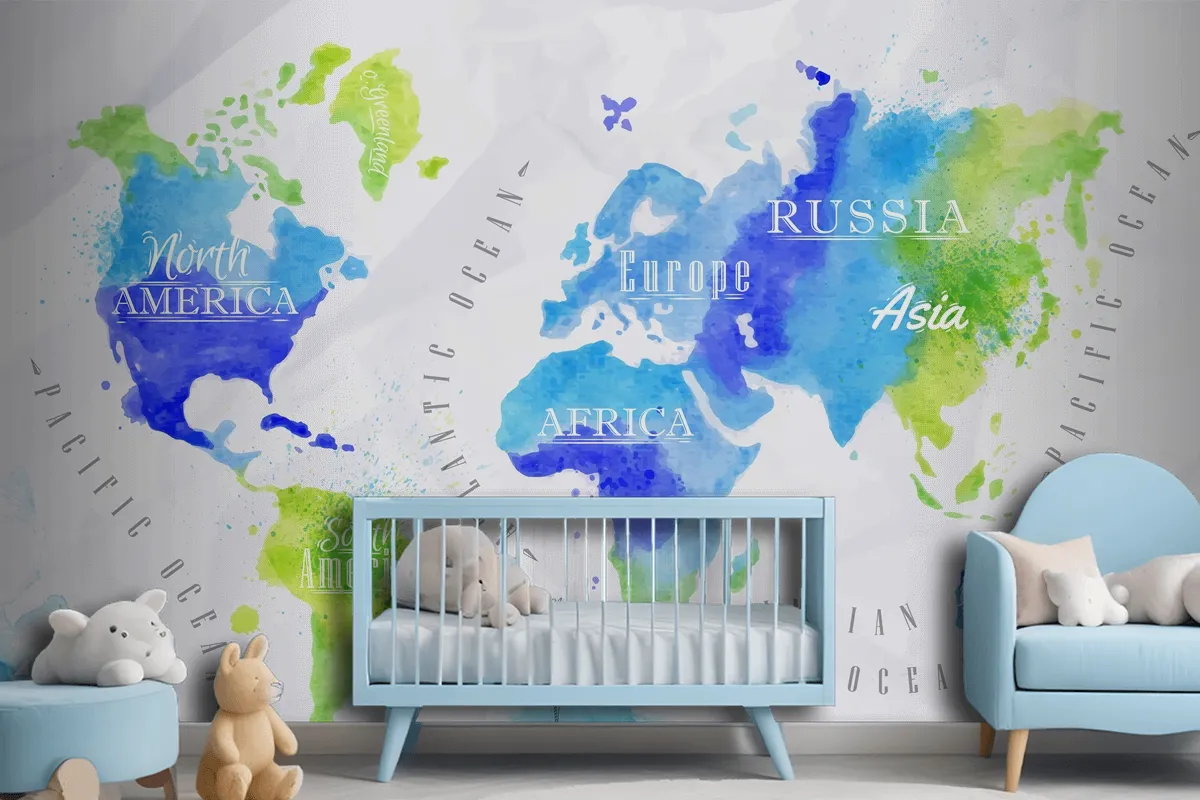 Watercolor World Map Kids Wallpaper Mural