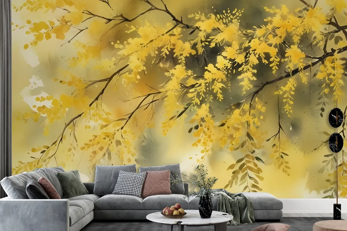 Watercolor Yellow Tree Landscape Wallpaper Mural