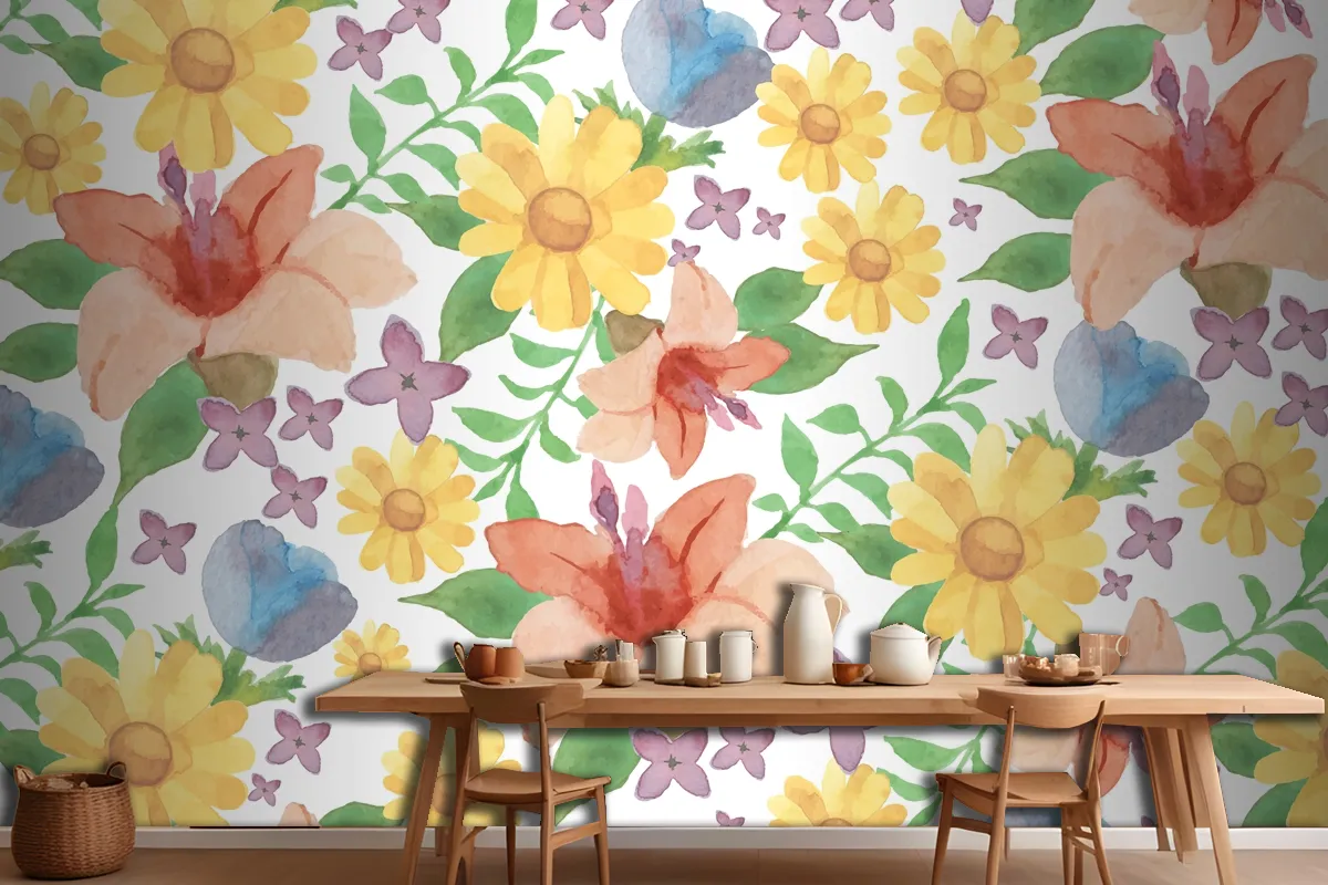 Watercolour Floral Background With Lilies Wallpaper Mural