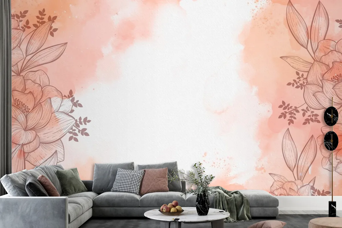 Watercolour With Hand Drawn Flowers Background Wallpaper Mural