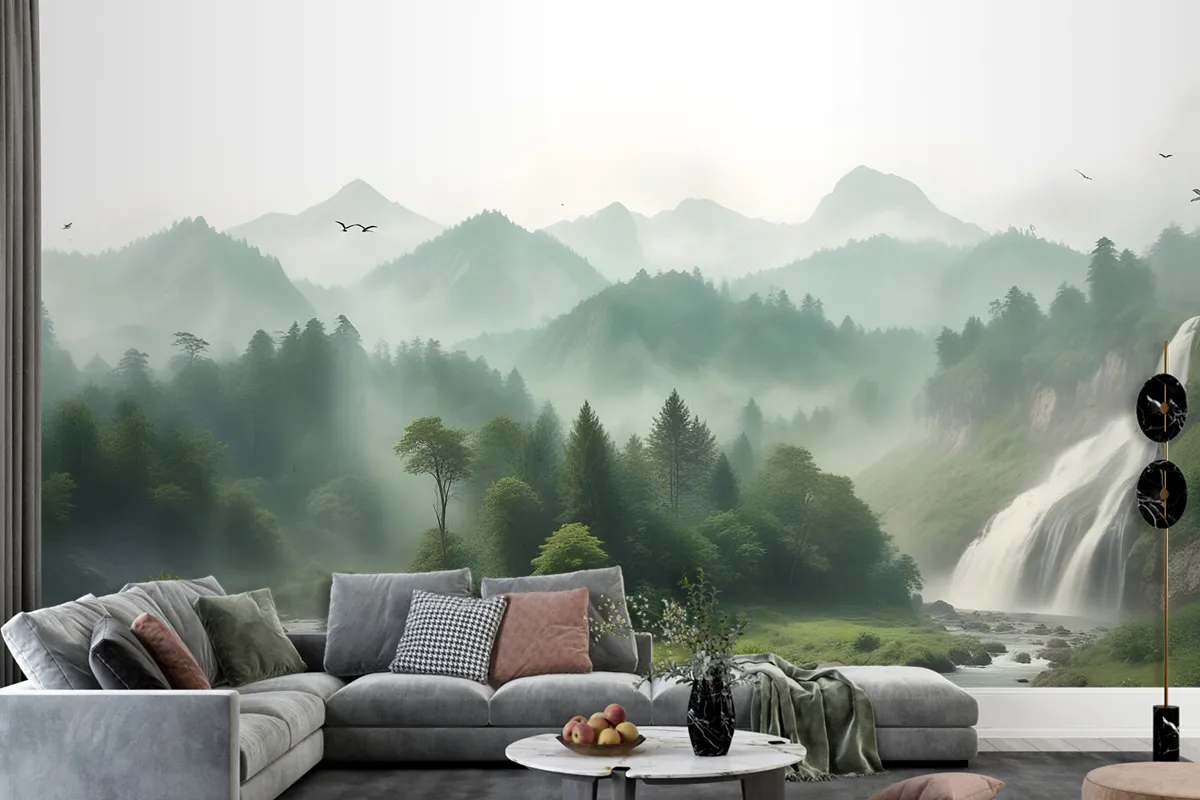 Waterfall With Misty Green Forest Landscape Wallpaper Mural