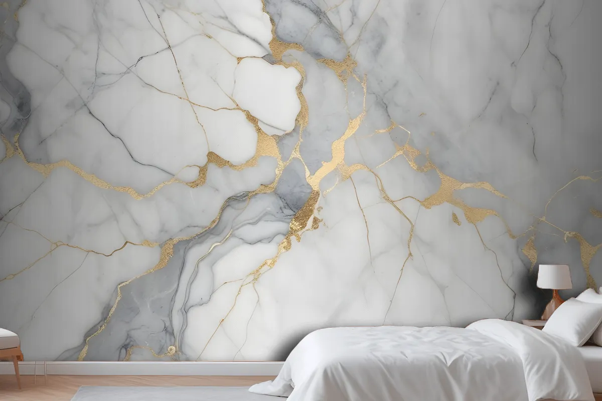 White And Gray Marble Texture With Golden Veins Wallpaper Mural