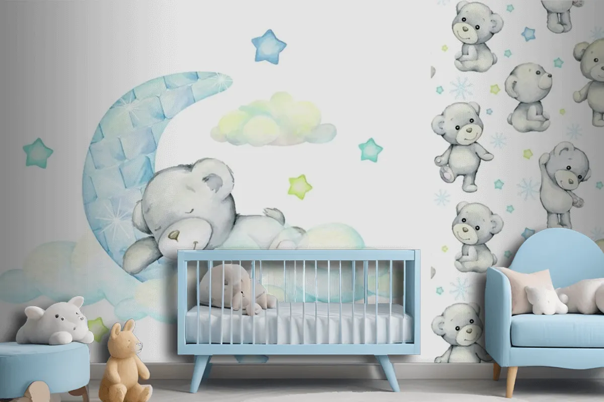 White Bear Sleeps On The Moon And Clouds Wallpaper Mural