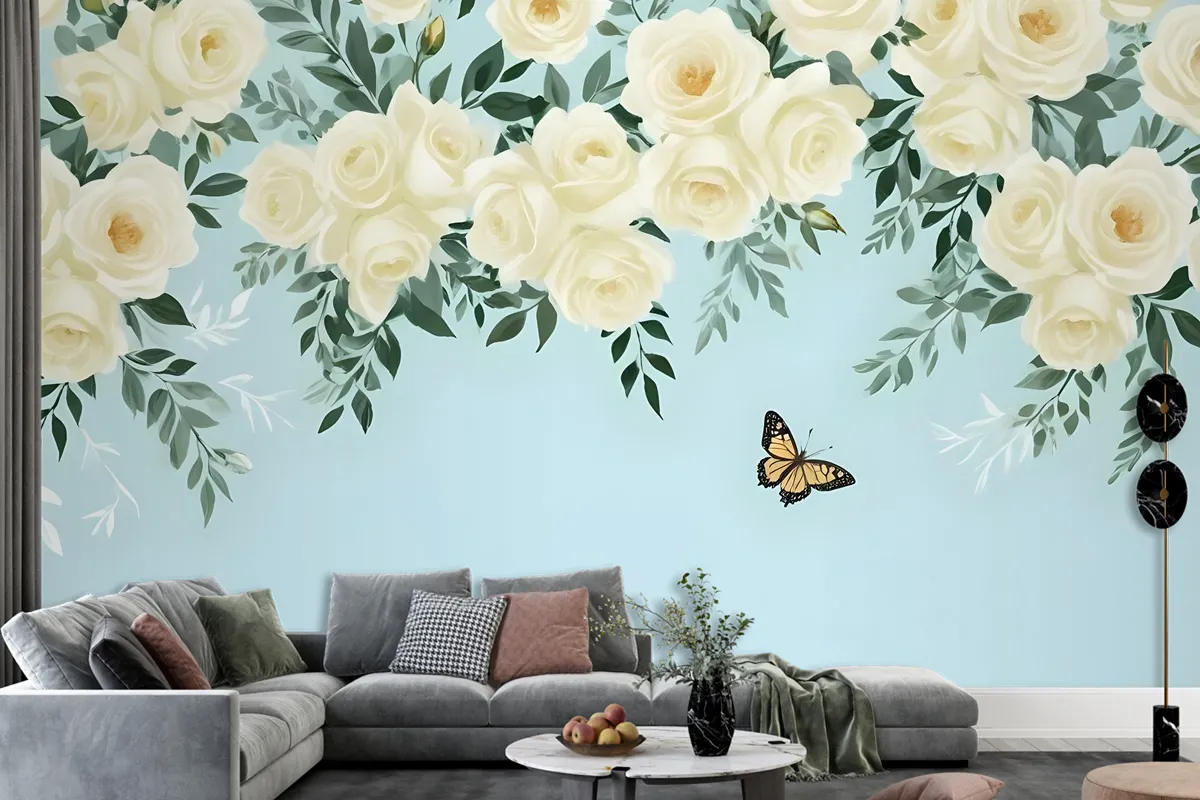 White Flowers And Yellow Butterfly Wallpaper Mural