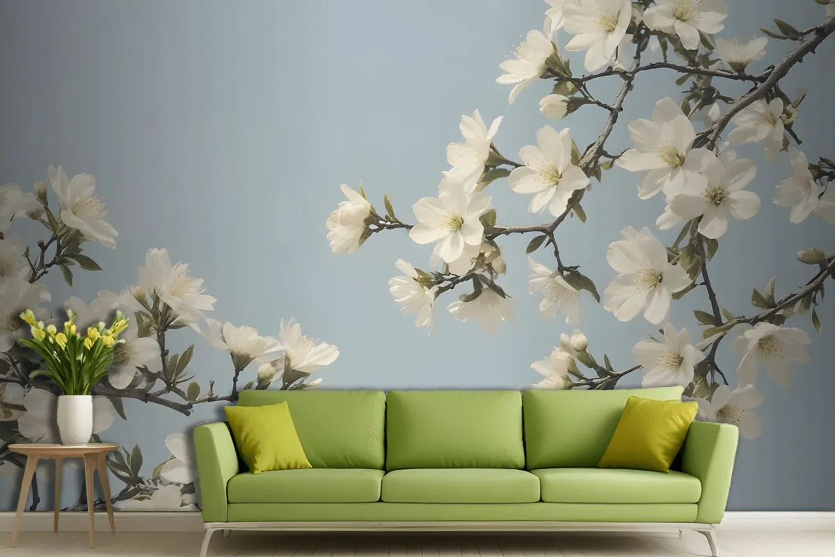 White Flowers Blooming On Tree Branches Against A Pale Blue Sky Wallpaper Mural