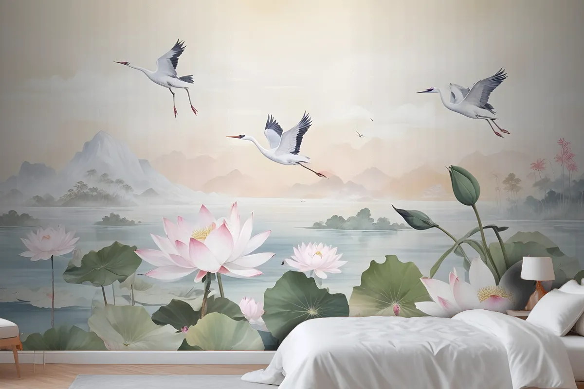 White Lotus Floral And Crane Birds Wallpaper Mural