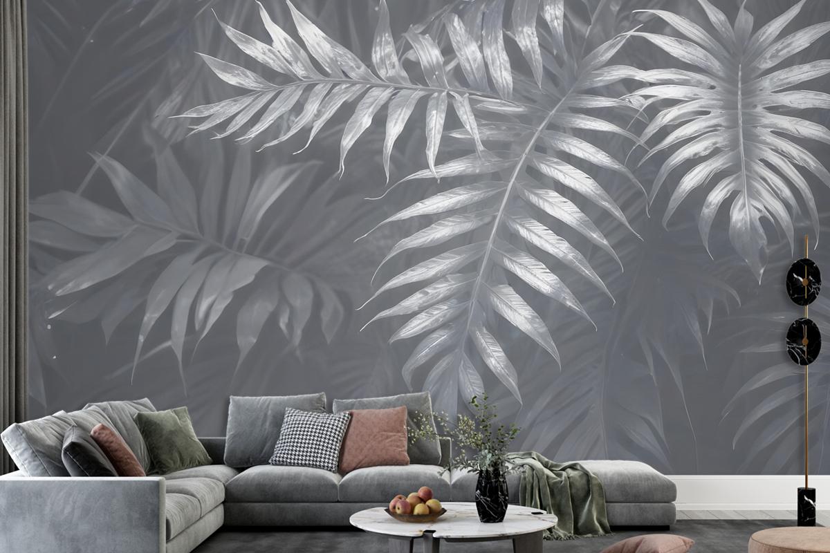 White Tropical Leafy Wallpaper Mural