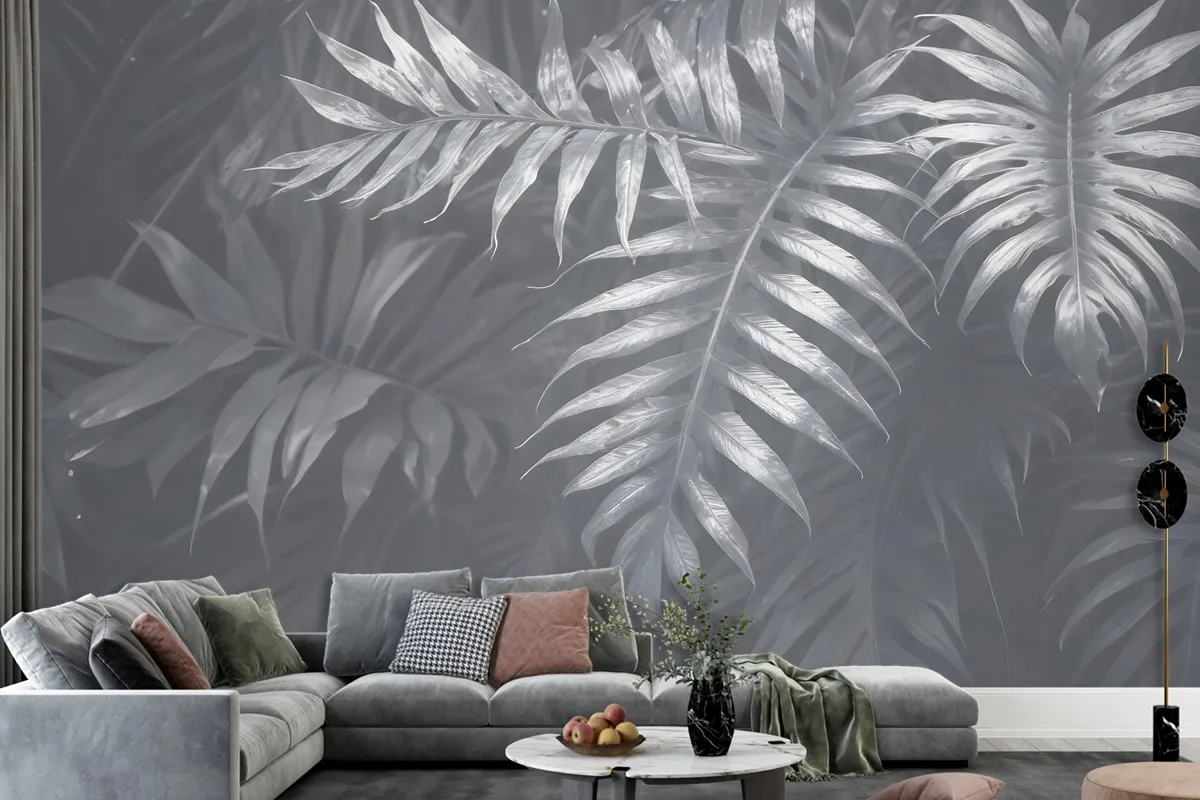 White Tropical Leafy Wallpaper Mural